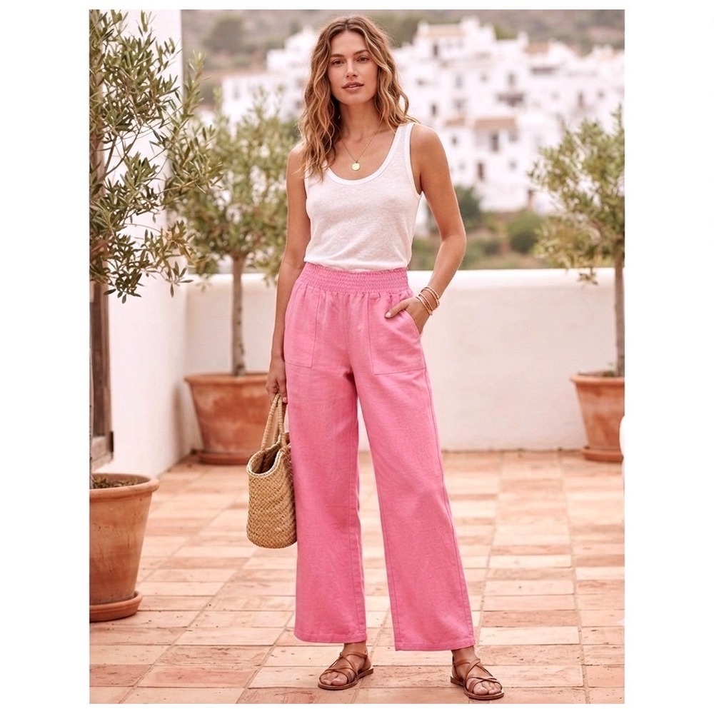Candace Cameron Bure Pink Smocked Waist Wide Leg Pants Cotton Linen Blend L - Picture 1 of 10